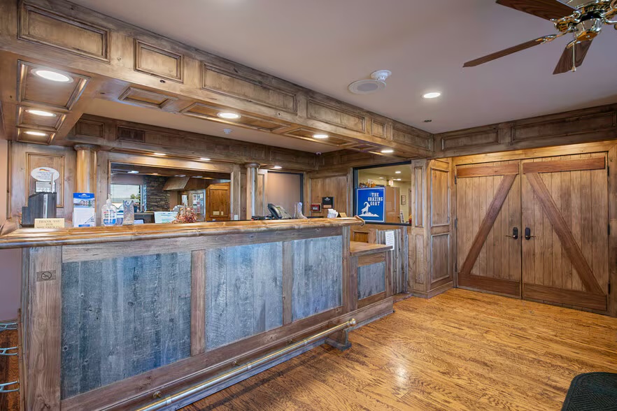 Front desk in reclaimed wood
